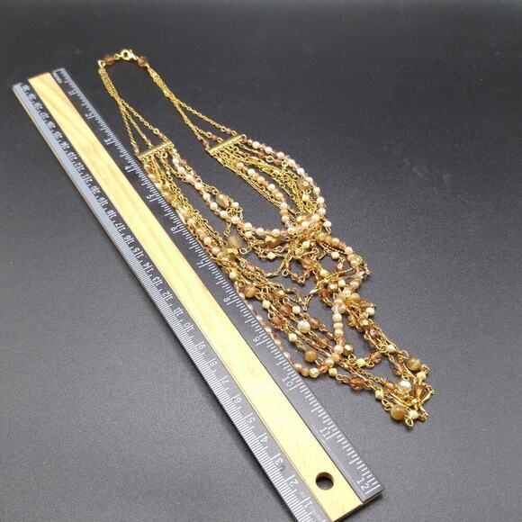 Multistrand Topaz Faux Pearl Gold Necklace, 9 Strands, Layering, 16 Inches - Picture 8 of 13